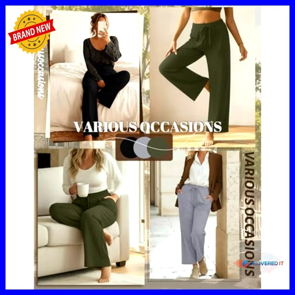 Plus Size Wide Leg Pants 3-Pack Stretchy Drawstring Waist with Pockets - Picture 2 of 7